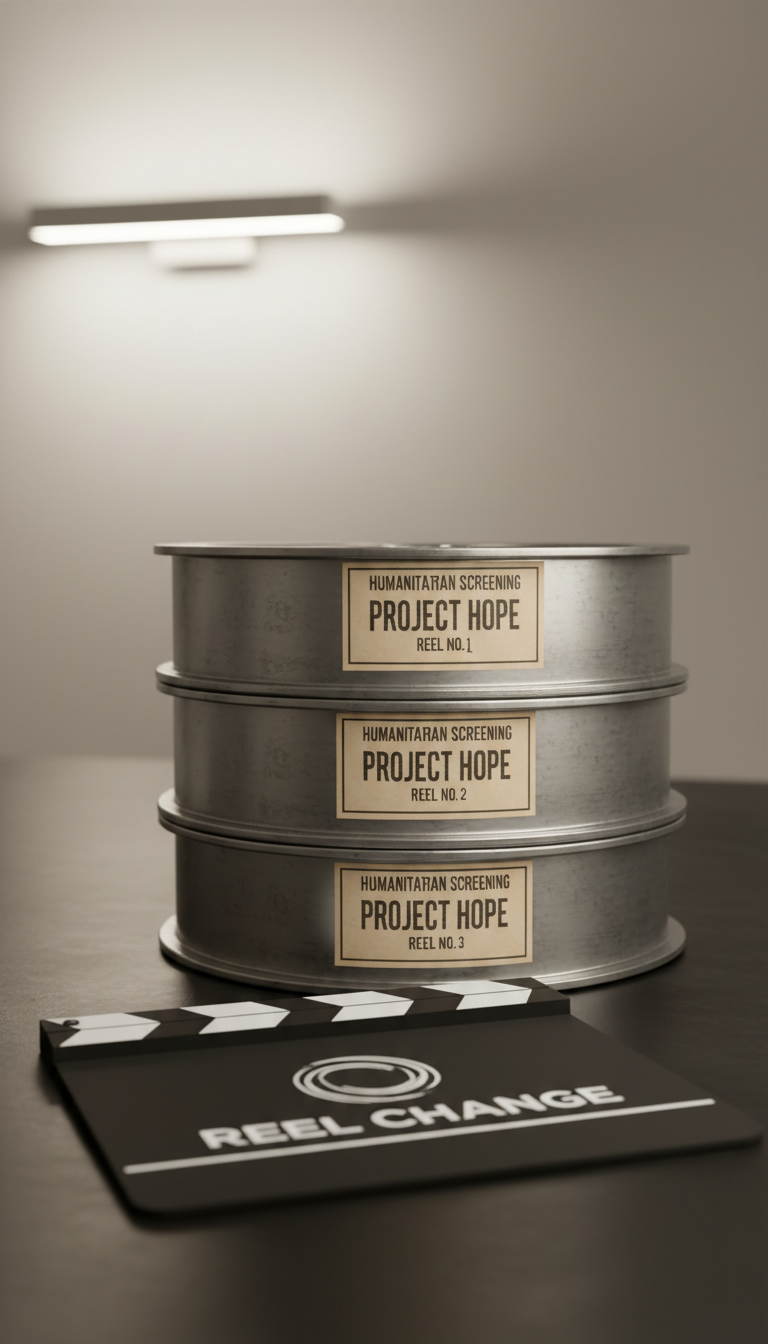 A cinematic still life featuring a stack of classic film reels with aged, silvery aluminum surfaces, each reel intricately labeled for humanitarian screenings. Resting beside them is a film slate branded with the Reel Change logo, lying on a smooth matte black table. The background is softly illuminated by ambient, diffused light emanating from a contemporary wall sconce, creating subtle, elegant shadows and highlights on the metal textures. The composition uses shallow depth of field with tight framing, focusing crisp detail on the reels and slate while the background gently fades away. The artistic style is modern minimalism, evoking seriousness and dedication to transformative cinema.